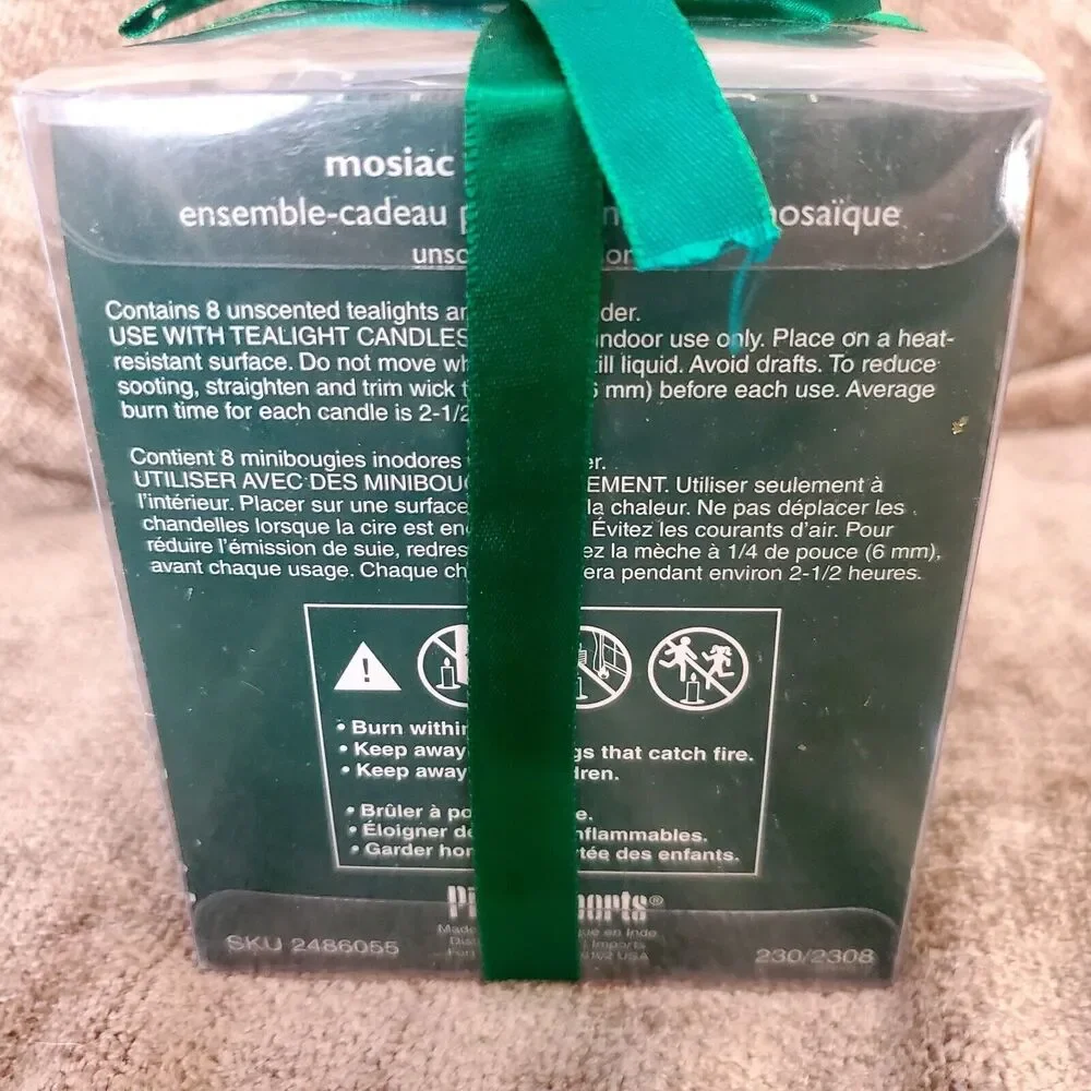 Pier 1 Imports Green Mosaic Tea Light Holder Gift Set With 8 Tea Lights NOS - Picture 2 of 5